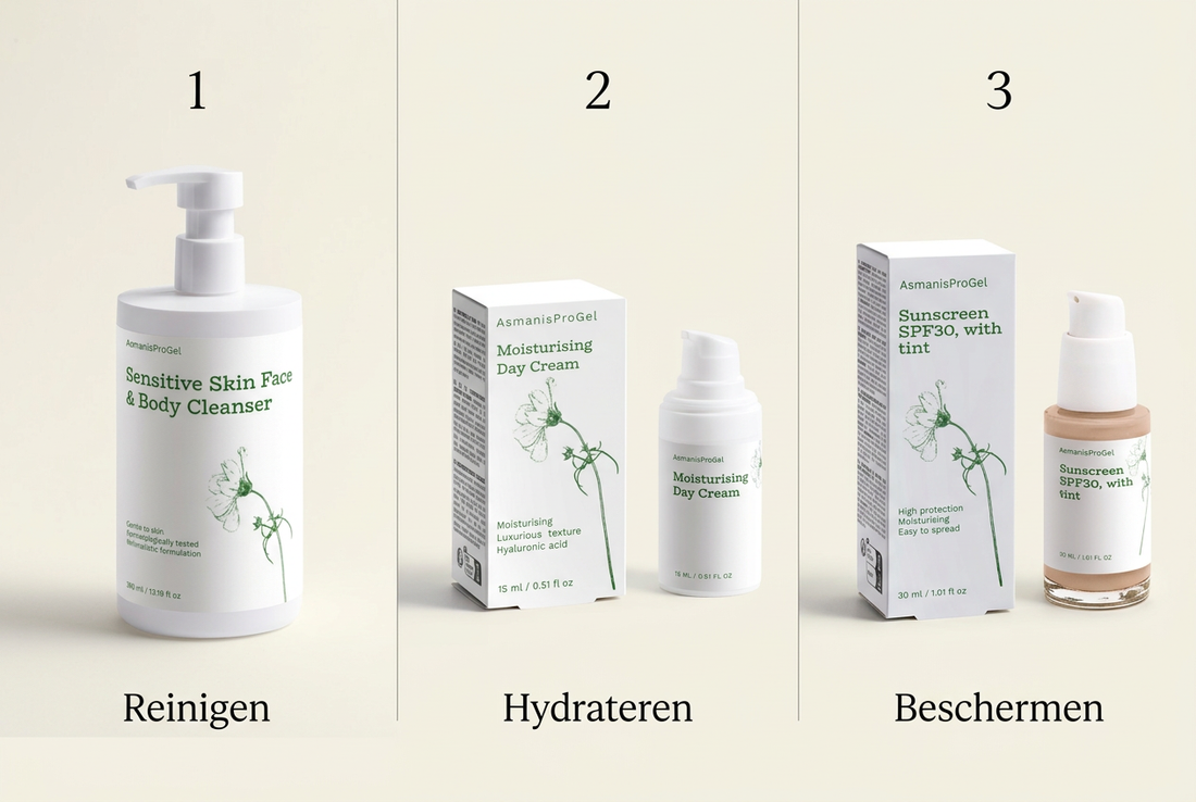Drie stappen voor de ochtendroutine: gezichtsreiniger, hydraterende dagcrème en getinte zonnebrandcrème SPF 30 van Asmanis ProGel.