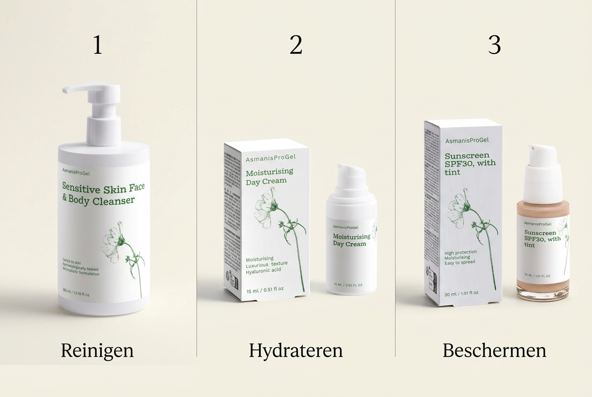 Drie stappen voor de ochtendroutine: gezichtsreiniger, hydraterende dagcrème en getinte zonnebrandcrème SPF 30 van Asmanis ProGel.