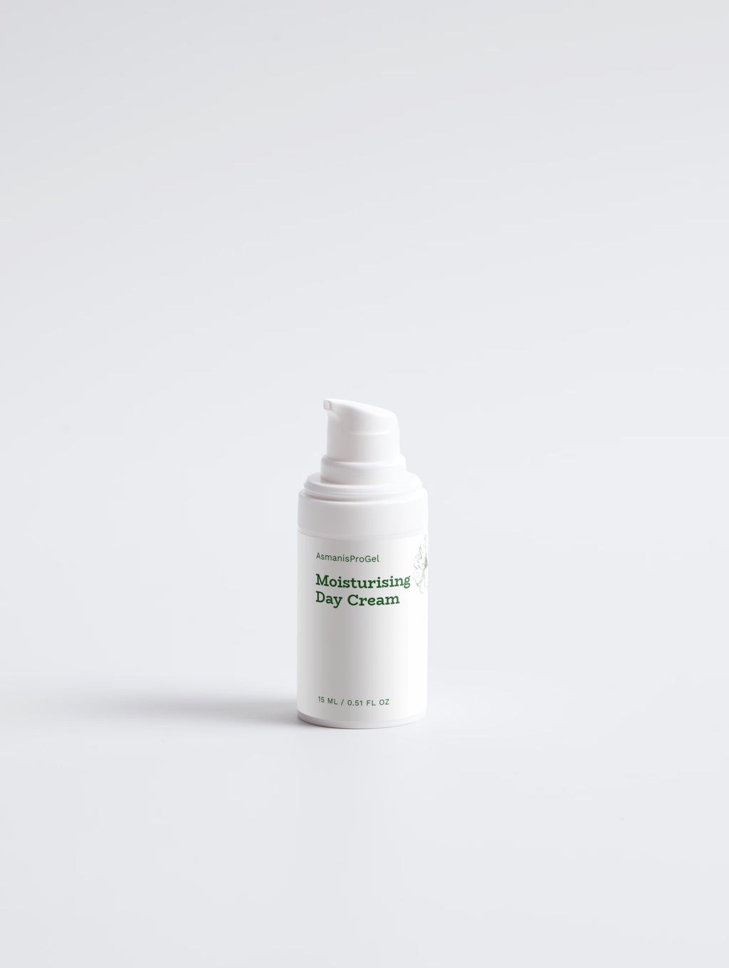 Witte pompfles hydraterende dagcrème van Asmanis ProGel met groen opschrift en bloemenontwerp.