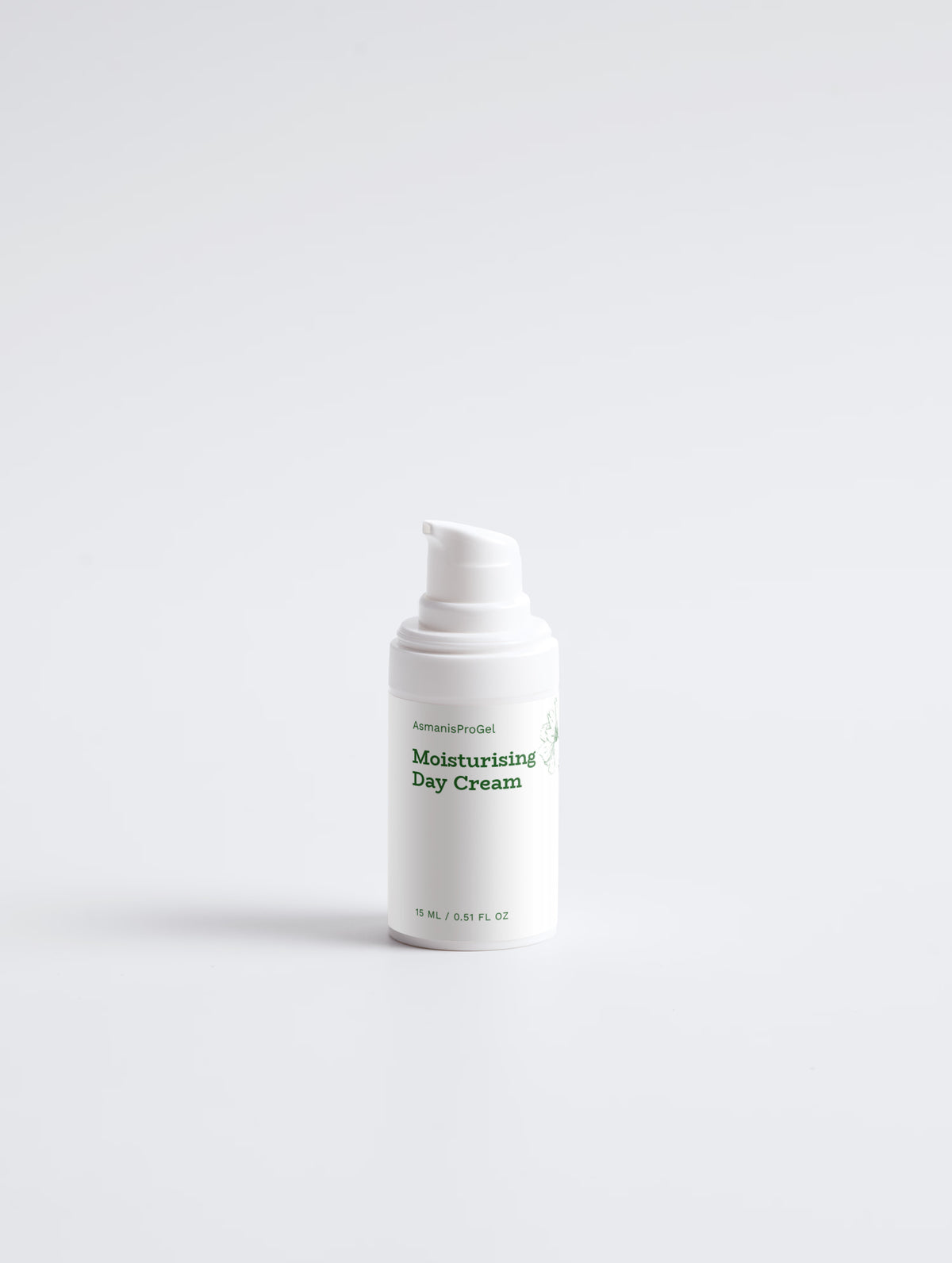 Witte pompfles hydraterende dagcrème van Asmanis ProGel met groen opschrift en bloemenontwerp.
