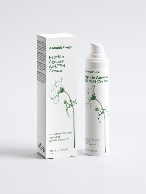 Asmanis ProGel dag- en nachtcrème met peptiden, 50 ml, pompflacon met bijbehorende doos.