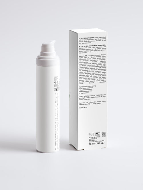 Achterzijde van de pompflacon en doos van Asmanis ProGel peptidecrème, met productinformatie en ingrediëntenlijst.