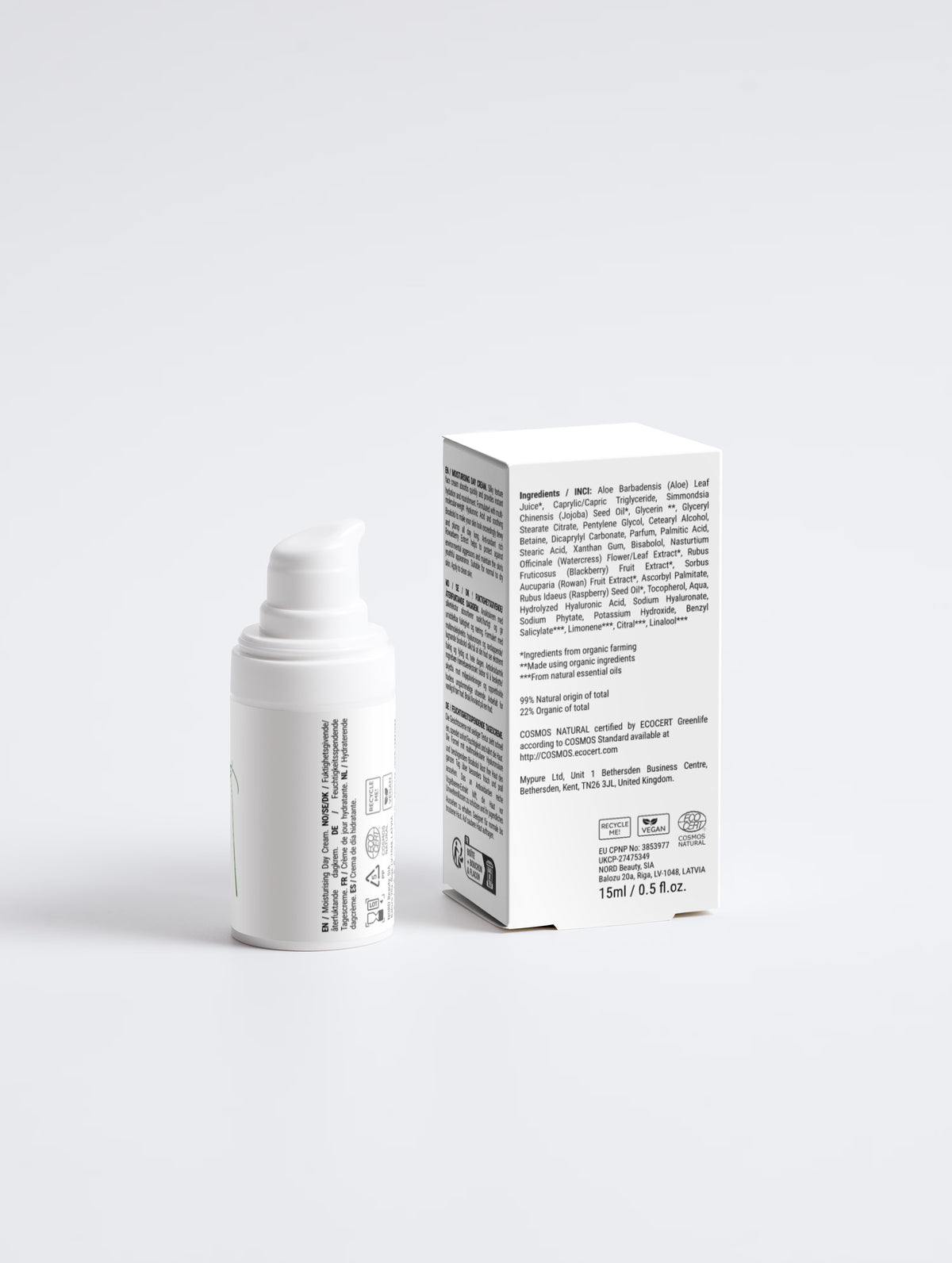 Achterzijde van de dagcrème van Asmanis ProGel: pompfles en doosje met ingrediëntenlijst en productinformatie.