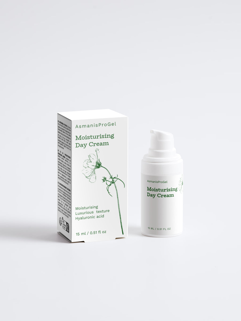 Hydraterende dagcrème van Asmanis ProGel in een witte pompfles naast het bijpassende doosje met bloemenontwerp.