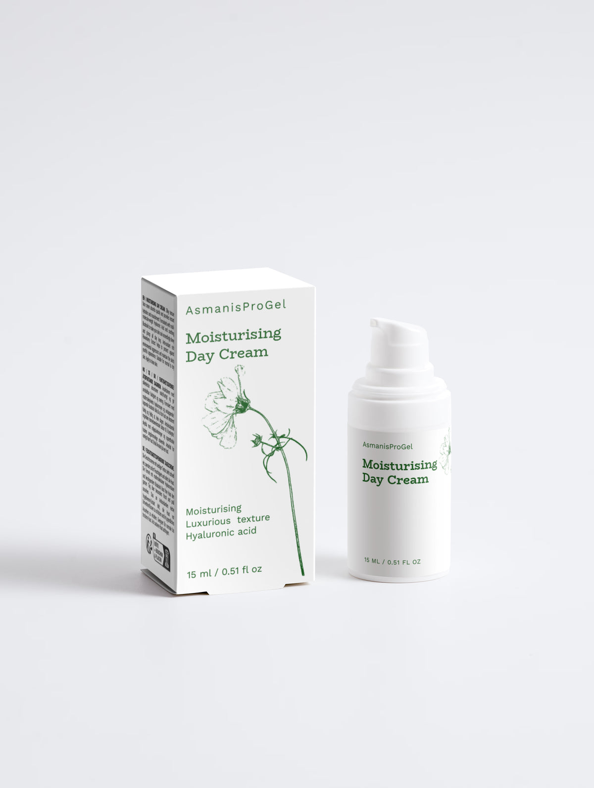 Hydraterende dagcrème van Asmanis ProGel in een witte pompfles naast het bijpassende doosje met bloemenontwerp.